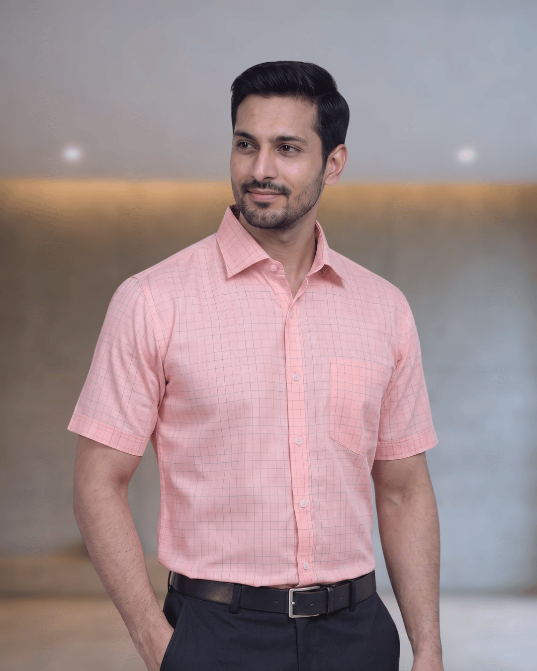 Sf 93084 M Peach Mens Half Sleeves Shirt