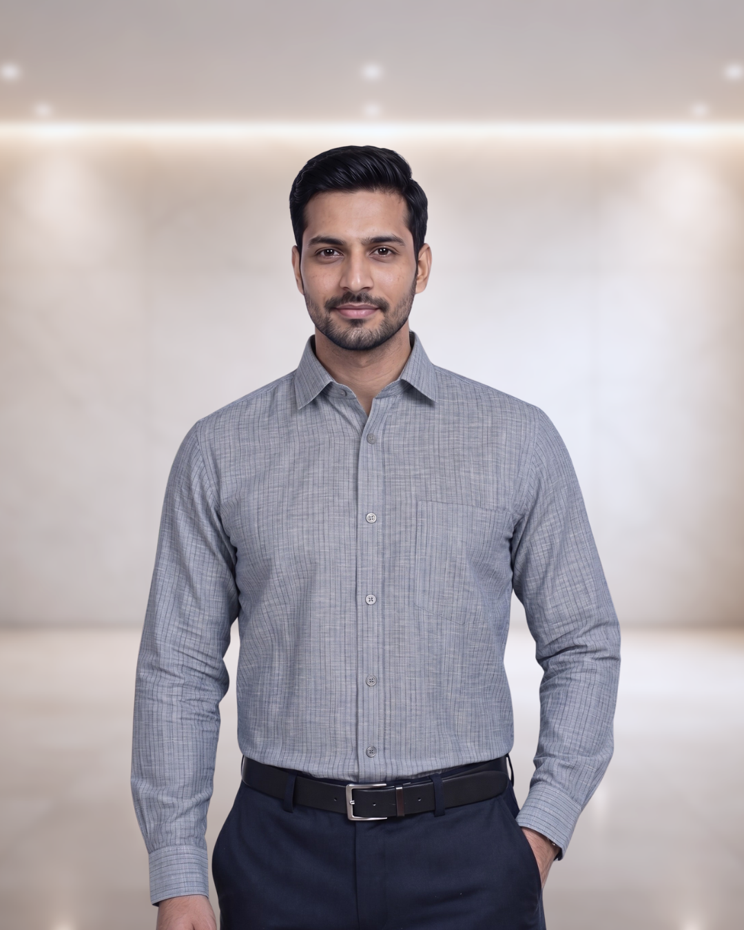 Mens Grey-1 Gold Linen 65059A Full Sleeves Shirt