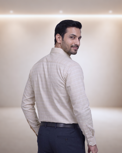 Beige Windowpane Check Full Sleeve Formal Shirt